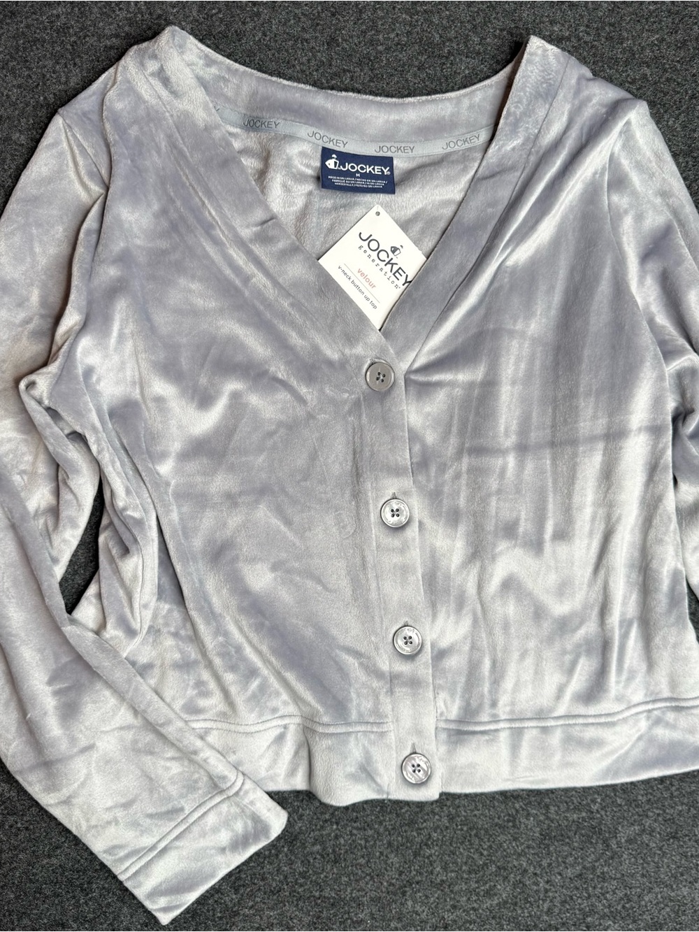 New medium Jockey Women's Silver V-Neck Button Cardigan.  Velour